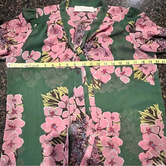 Mina UK Women’s 10 Top Button Up Blouse Floral Tie Neck Green Pink Long Sleeve - Picture 8 of 10